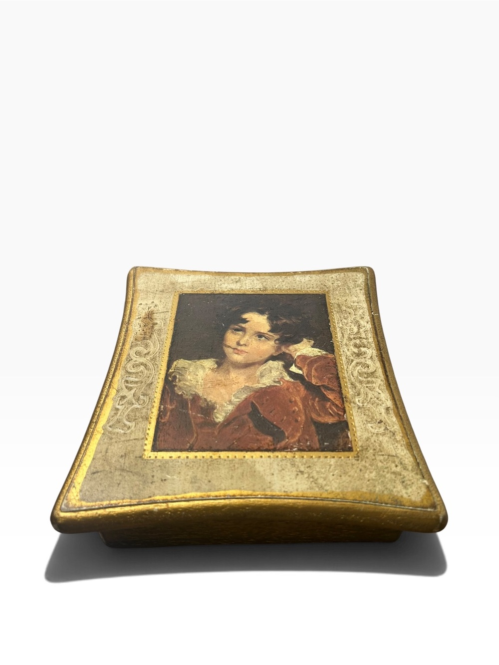 Gold Wood Portrait Jewellery Trinket Box Red Lined Made in Japan
